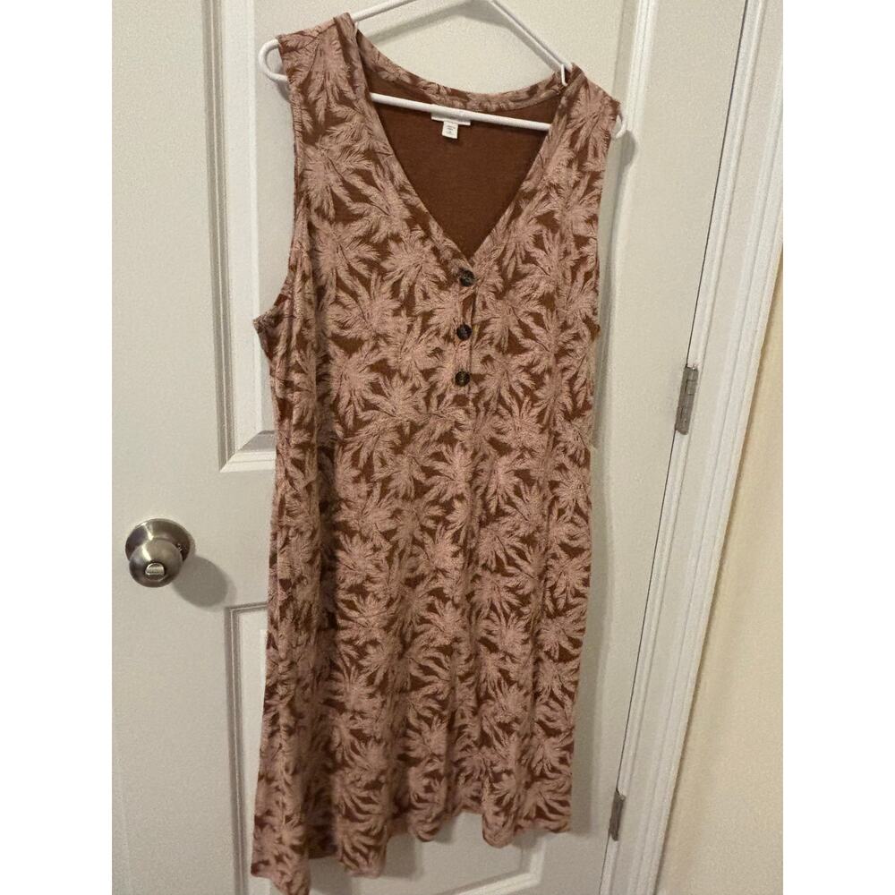 J Jill XL petite sleeveless cotton modal palm print dress pink brown EUC